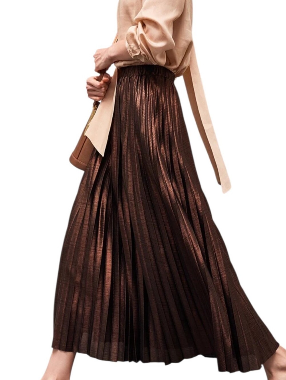 Tussello Pleated Plus Sized Brown Pleated Maxi Skirt